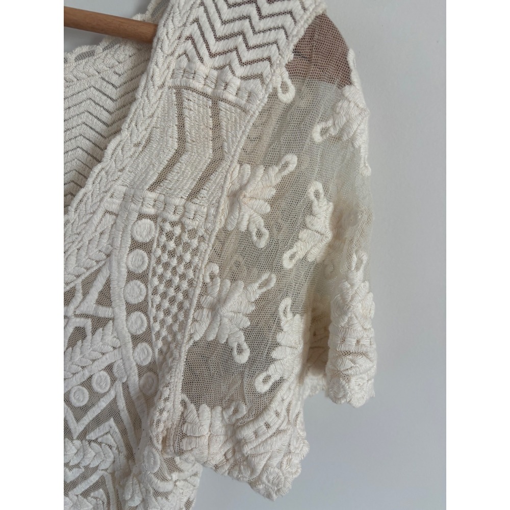 Meadow Rue Anthropologie Cream Lace Mesh Geometric Embroidered Boho Top Large - Picture 5 of 8